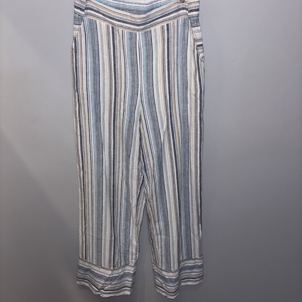 Sharagano Linen Blend‎ Blue Striped Wide Leg Pants Womens Medium Elastic Waist
